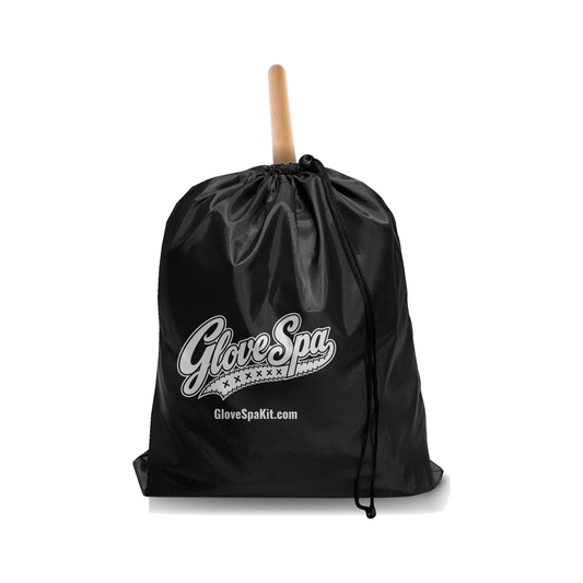 Glove Spa drawstring bag packed with the baseball glove care kit and wooden glove mallet