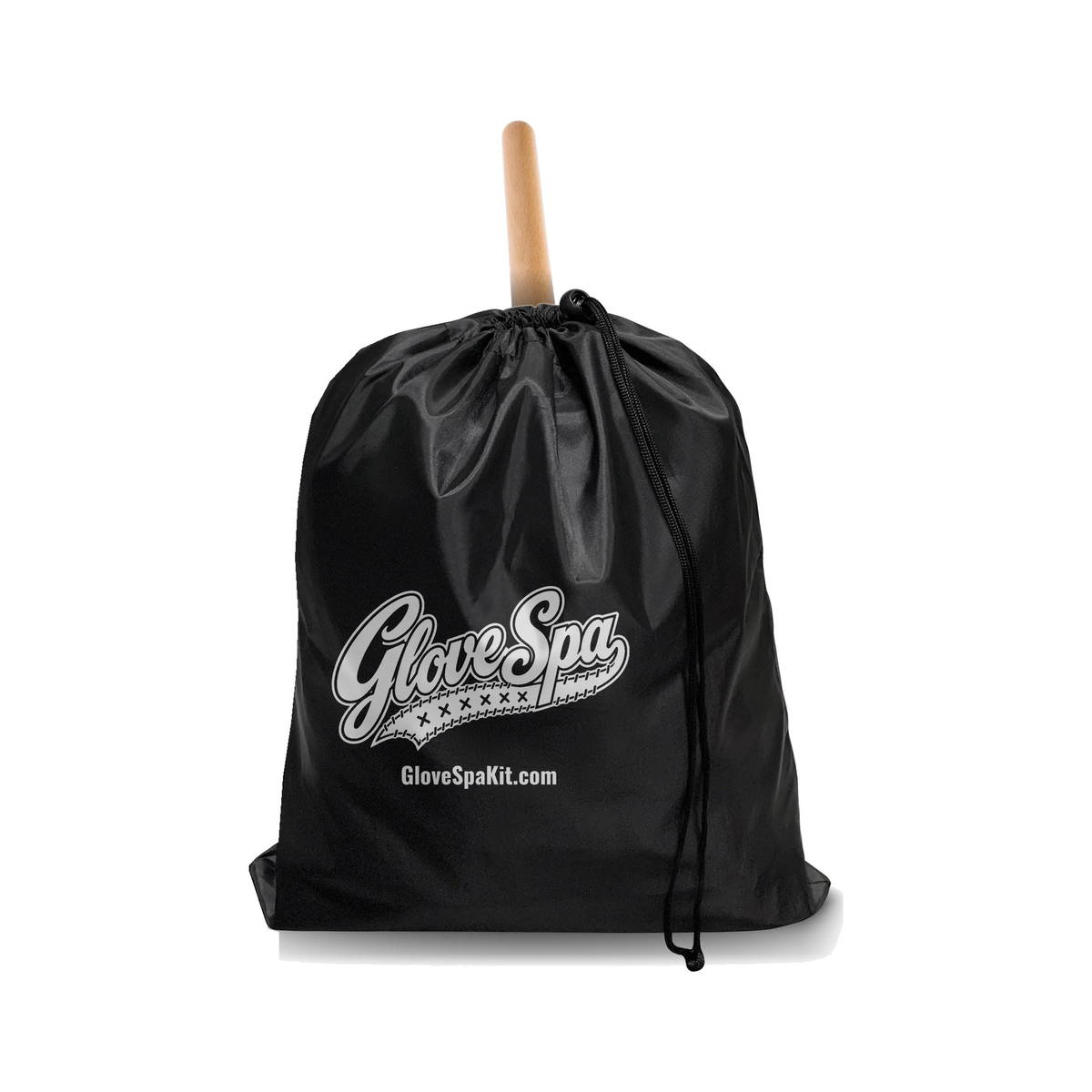 Glove Spa drawstring bag packed with the baseball glove care kit and wooden glove mallet