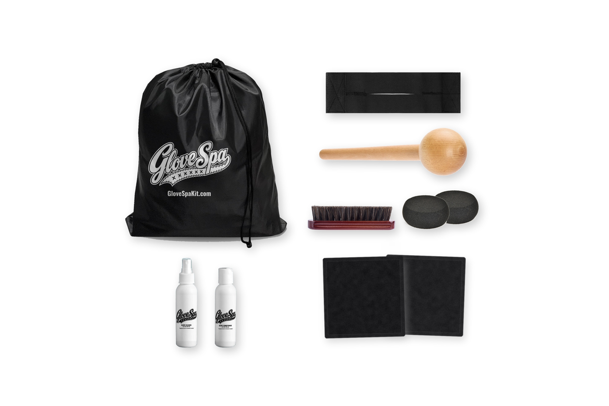 Glove Spa baseball glove care kit with drawstring bag, glove cleaner, lanolin glove conditioner, wooden glove mallet, glove wrap, horsehair brush, sponges and microfiber cloths